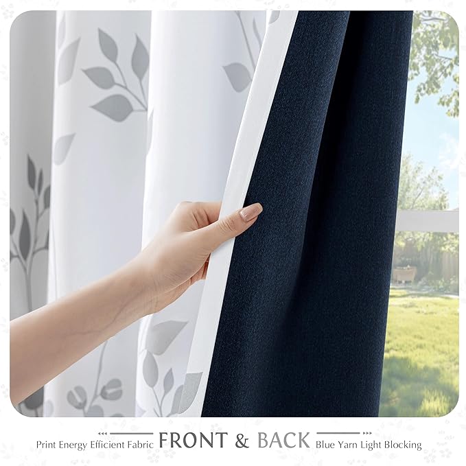 Beauoop Floral 100% Blackout Curtains 84 Inch Length 1 Panel for Patio Sliding Door Extra Wide Grey White Flower Patterned Divider Room Darkening Thermal Soundproof Grommet Window Drapes,100x84, 1 set