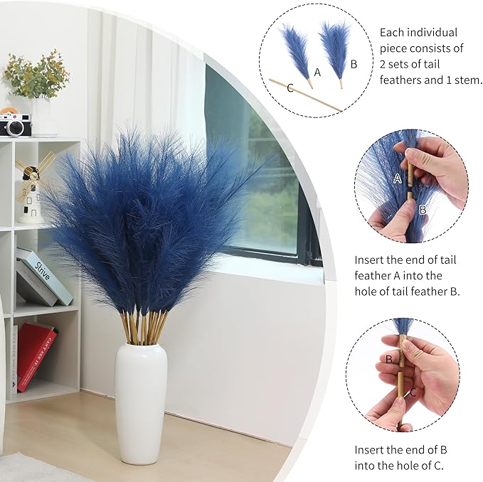 9 Stems Blue Pampas Grass - 38 Inch Tall Faux Pompous Grass Decor, Long Artificial Pompas Floral Branches for Vase Filler, Wedding Flower Arrangement and Home Decor (Blue)