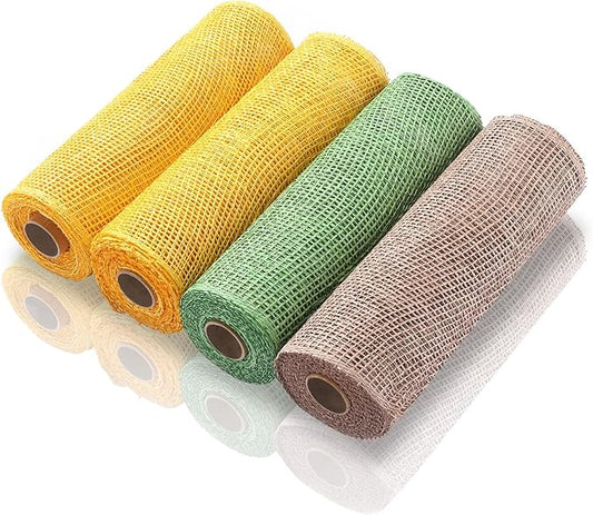 Chuangdi 4 Rolls Spring Summer Poly Burlap Mesh Poly Burlap Deco Ribbon Mesh Roll for Easter DIY Flower Wreath Garland, 10 Inch