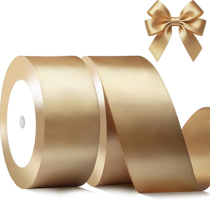 Gold Satin Ribbon 1-1/2 Inch x 2 Rolls Gold Wide Satin Fabric Ribbon for Gift Packaging, Christmas, Wedding, Flower Bouquet, Holiday Party, Invitation