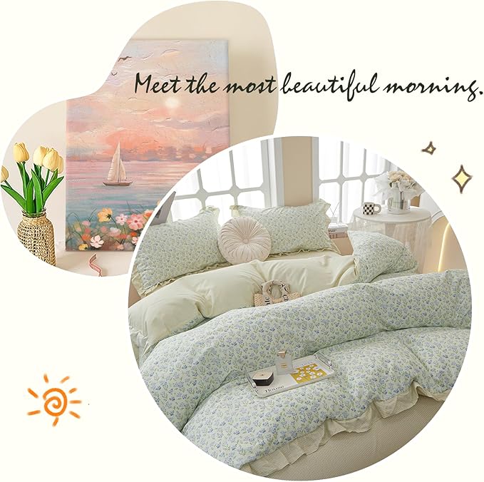 LifeTB Vintage Garden Floral Ruffled Comforter Set King Fluffy Soft Microfiber Chic Blue Floral Bedding Set Cottagecore Flowers Pattern Botanical Comforter Set with 2 Pillowcases for All-Season