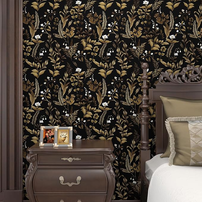 Dark Floral Peel and Stick Wallpaper, Vintage Leaf Pattern Black Gold Self Adhesive Removable Wallpaper for Bedroom Cabinet Kitchen, Vinyl Modern Contact Paper Retro Black Gold 17.5In x 118In