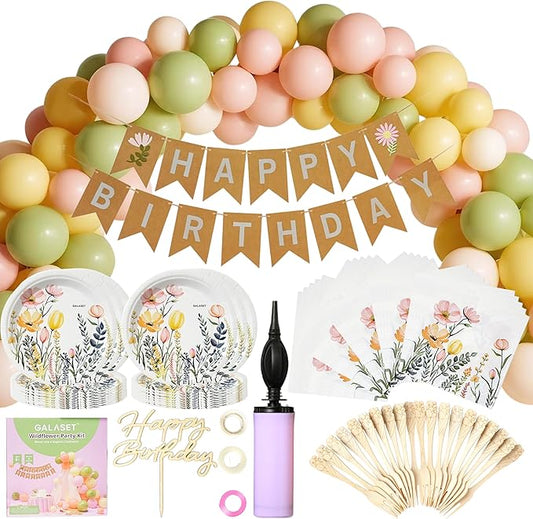 124 PCS Wildflower Party Decorations – Includes Wildflower Balloon Arch Kit, Pump, Banner, Paper Plates, Napkins, Bamboo Forks, and Wooden Cake Topper – Floral Birthday Decorations, Serves 20 Guests