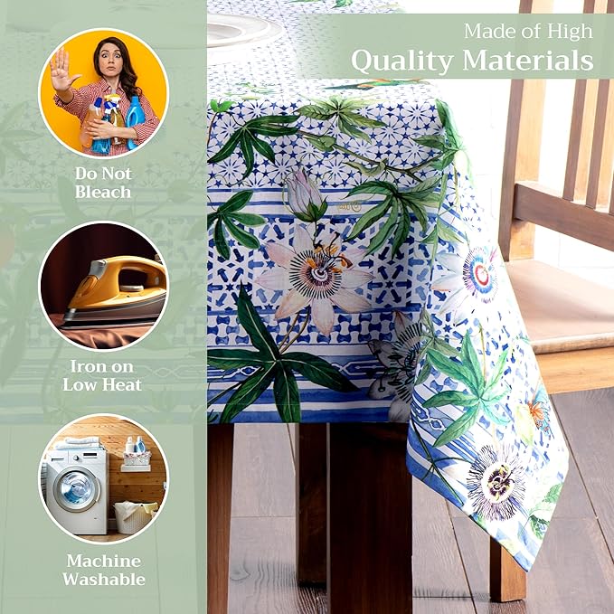 Maison d' Hermine Table Cloth Rectangle Table 100% Cotton 60 x 90 Inches Tablecloth Reusable Decorative for Dining Room, Farmhouse, Home, Party, Festive & Wedding Spring Summer - Passiflora