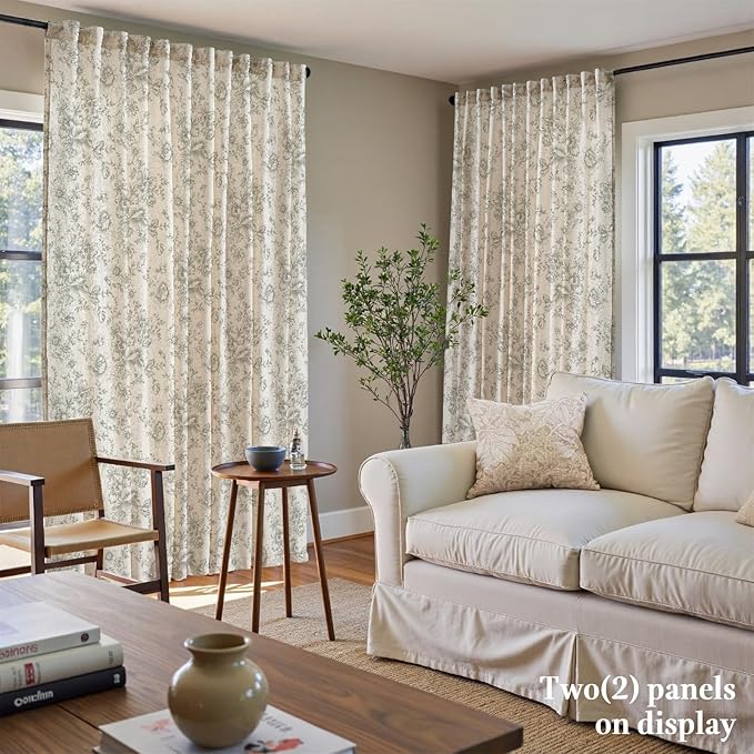 jinachan Linen Floral Curtains Extra Wide for Patio Sliding Glass Door Room Divider Curtain for Living Room Christmas Drapes 96 Inch Length Farmhouse Peony Green Printed Curtain Set 1 Panel