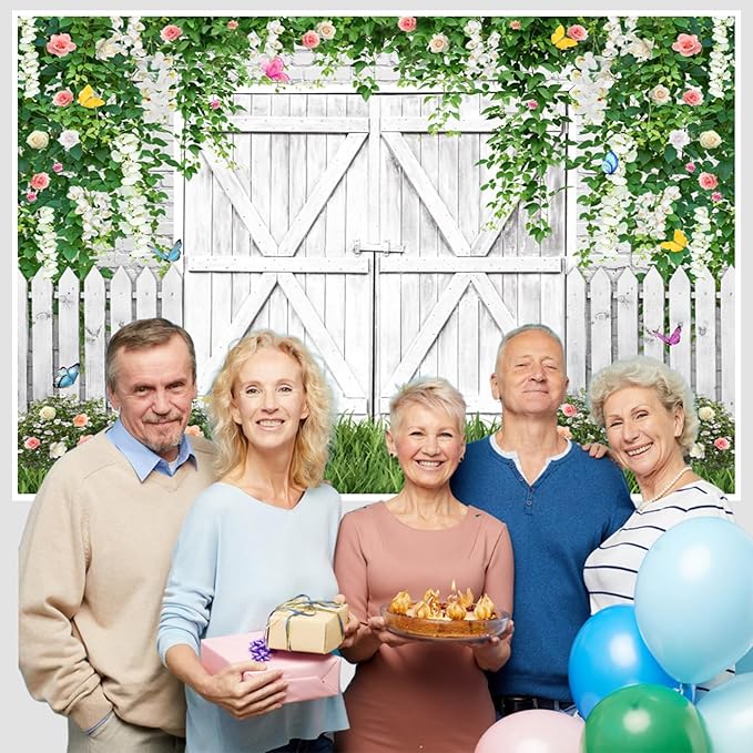 AOFOTO White Barn Door Floral Backdrop 12x8ft Spring Garden Background Banner Green Leaves Flowers Butterfly Wooden Door Backdrops Birthday Bridal Shower Wedding Banner Photo Booth Studio Props