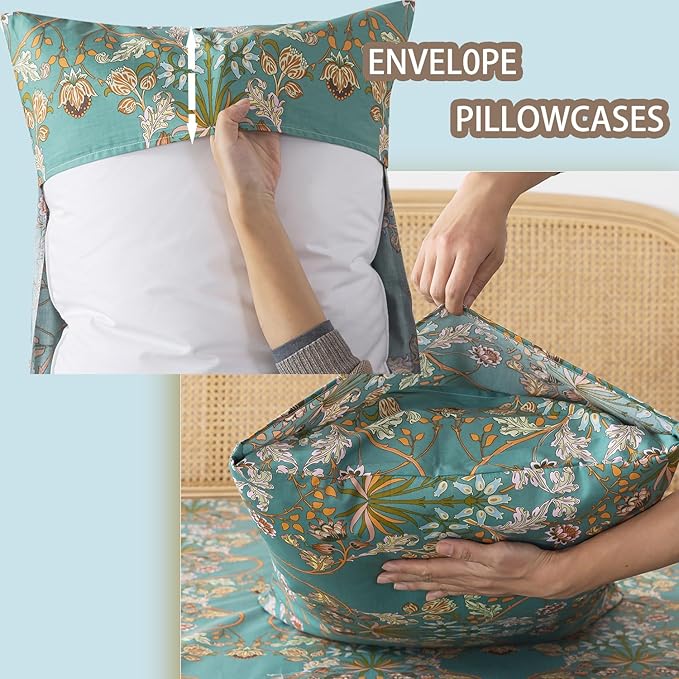 Zusbest Full Size Bed Sheet Set Shabby Vintage Floral Sheets Percale Cotton Chic Teal Blue Orange American Country Style Bedding Luxury Boho Soft Breathable Crisp Bed Deep Pocket Fitted Sheet 4 Piece