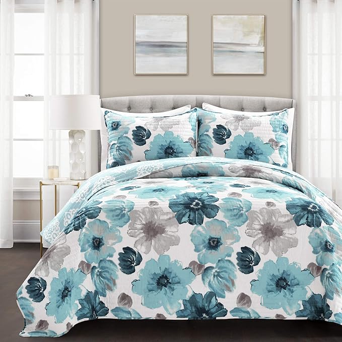 Lush Decor Leah Reversible Floral Quilt Set, 3 Piece Set, Full/ Queen, Blue - Watercolor Botanical - Cottage Core - French Country Decor- Bedding Queen Size