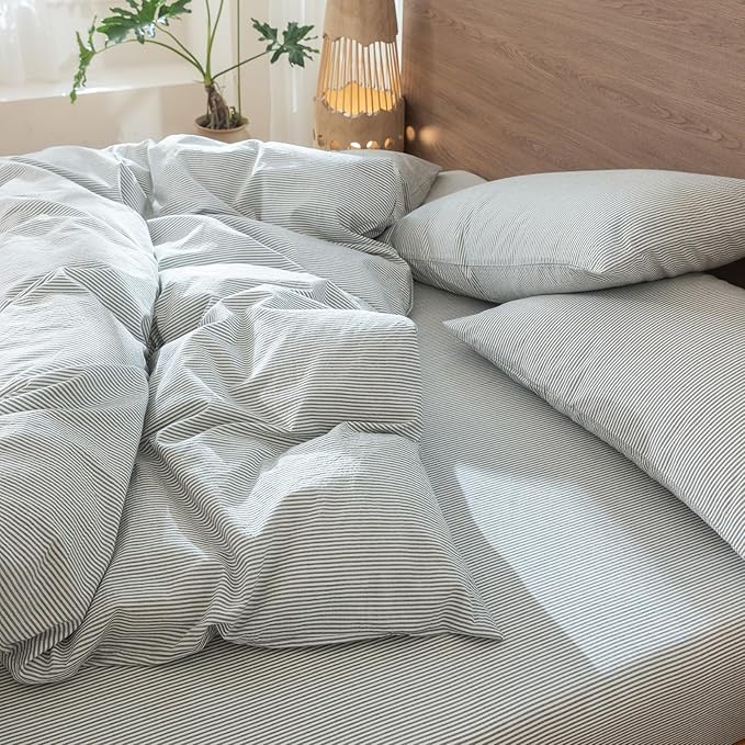 MooMee Striped Duvet Cover Set 100% Washed Cotton Linen Like Textured Breathable Durable Soft Comfy (Heathered Green Pinstripes, Full 80"x90")