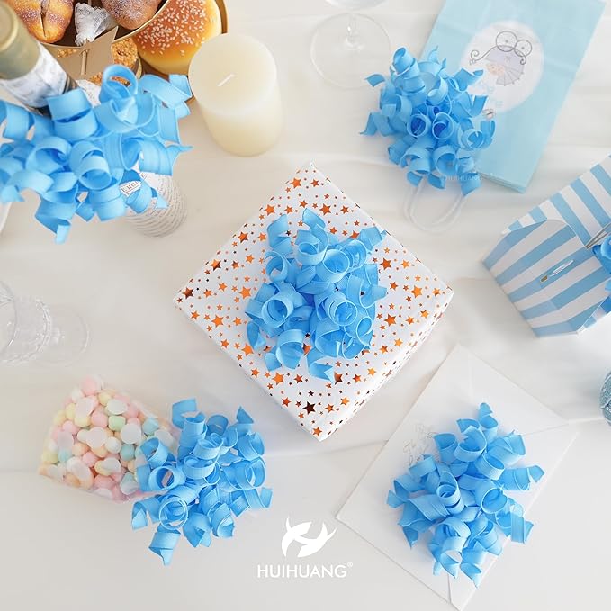 HUIHUANG Baby Blue Bows for Gift Wrapping, Blue Curly Ribbon Bows Self Adhesive Burst Gift Bows for Presents, Wine Bottle, Treat Bags, Wrap Accessories, Baby Shower, Wedding Party Favor - 6 Counts