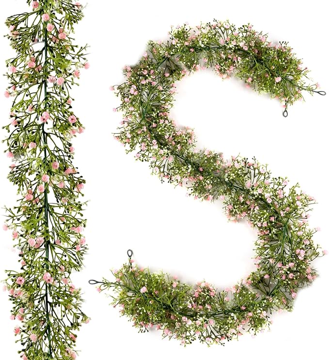 2 Pcs 5.9Ft Artificial Baby's Breath Garland Vine, 162 Branches Real Touch Faux Gypsophila Vines, Pink Fake Hanging Flowers for Wedding Arch, Home Decor, Baby Shower, New Year Party Decoration