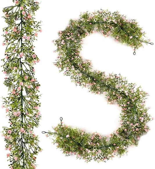 2 Pcs 5.9Ft Artificial Baby's Breath Garland Vine, 162 Branches Real Touch Faux Gypsophila Vines, Pink Fake Hanging Flowers for Wedding Arch, Home Decor, Baby Shower, New Year Party Decoration