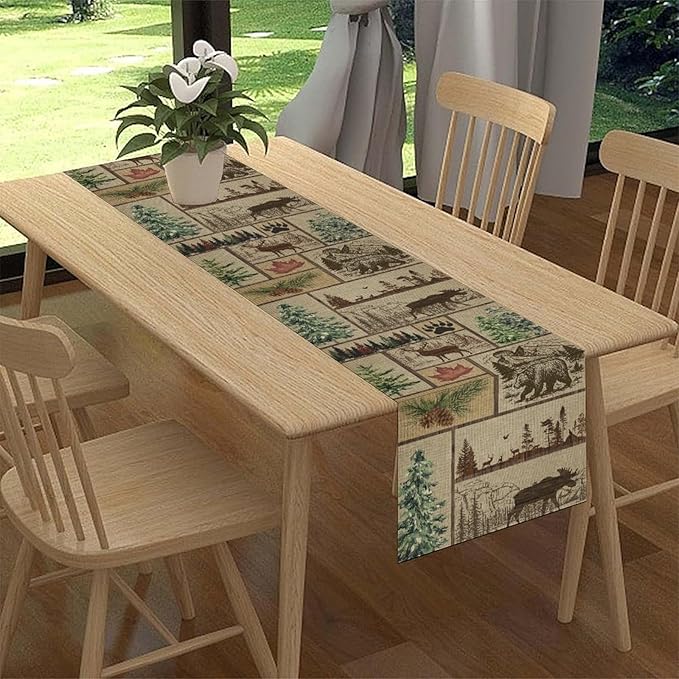 Rustic Cabin Table Runner, Farmhouse Deer Bear Retro Pine Forest Wooden Plank Wild Animal Seasonal Coffee Table Center Decor for Home Kitchen Dining Patio Holiday Party Table Decorations 13x36 inches