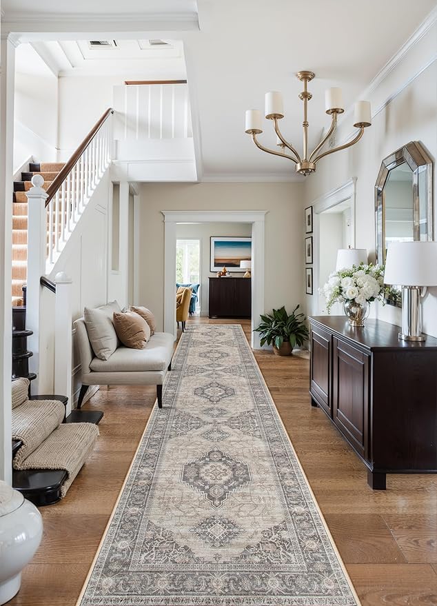 Lahome Oriental Hallway Runner Rug, 2.5x10 Washable Runner Ultra-Thin Hallway Rug for Bedroom Entryway, Soft Long Carpet for Kitchen Bathroom ‎Laundry Room, Grey/Brown