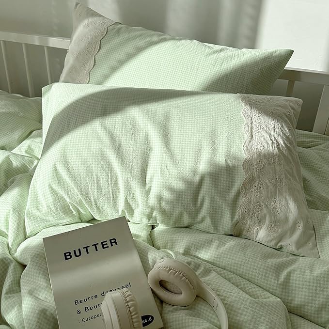 LifeTB Green Gingham Comforter Set Full Size Princess Lace Style Vintage Plaid Checkered Comforter Chic Gingham Farmhouse Bedding Set Lightweight Fluffy Soft Green Plaid Grid Comforter Set Full