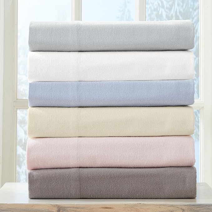 Market & Place 100% Cotton Full Flannel Sheet Set | 4 Piece Deep Pocket Solid Cozy Winter Bed Sheets | Double Brushed for Extra Softness & Comfort | Chalet Collection (Full, Light Grey)