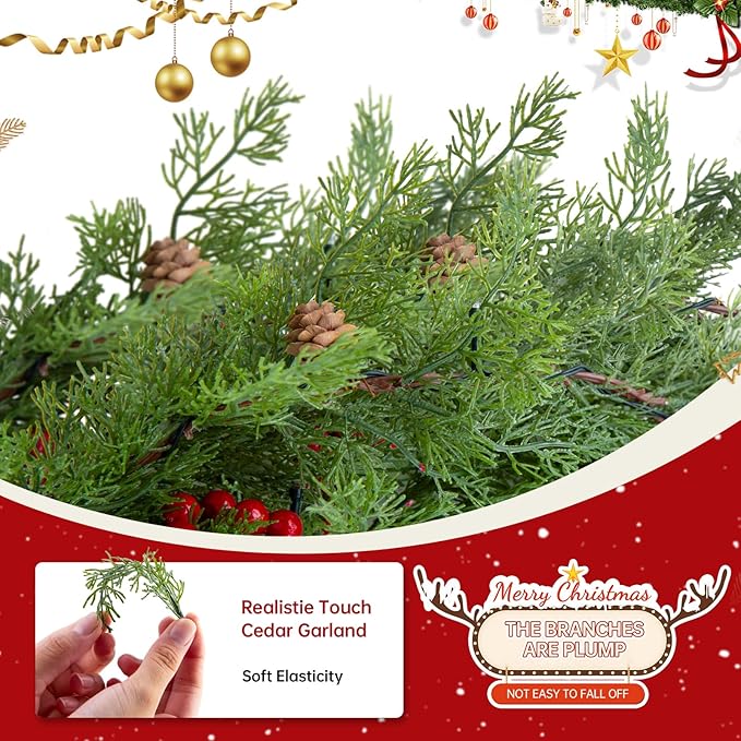 2Pack 6FT Christmas Garland Faux Cypress Pine Cedar Garland with 20 LED Lights, Holiday Garland for Home, Wedding, Party Decorations