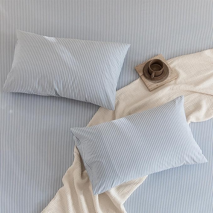 JIYUAN 100% Washed Cotton Striped Duvet Cover Set 3 Pieces Queen, 1 Duvet Cover and 2 Pillowcases(Comforter Not Included),Linen Like Comfy and Breathable,Pinstripes - Heathered Cornflower Blue White