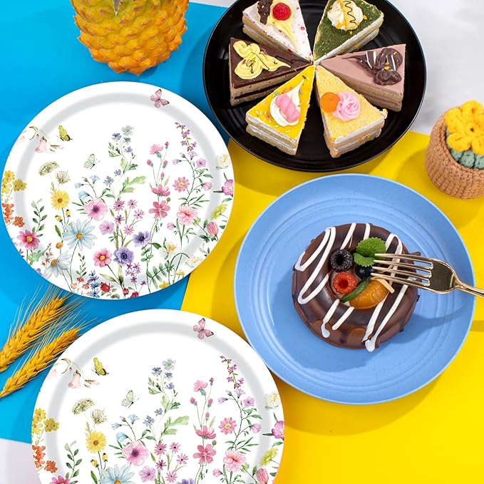 40 Pcs Wildflower Plates and Napkins Party Supplies, Floral Paper Plates Napkins Wildflower Baby Shower Decorations Tableware for Spring Summer Picnic Wedding Birthday Tea Party Serves 20