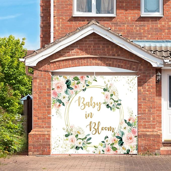 Baby in Bloom Baby Shower Garage Door Cover Banner Decorations Backdrop 7x8ft Pink Boho Floral Golden Loop Garage Door Backdrop Baby Shower Cake Table Outdoor Garage Door Banner Decorations