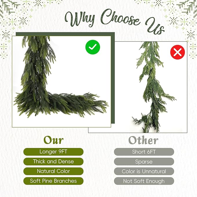 N&T NIETING 9FT Christmas Norfolk Pine Garland Real Touch Pine Artificial Garlands Faux Greenery Garland Winter Christmas Garland for Table Mantle Fireplace Indoor Outdoor Xmas Decorations (6 Pcs)