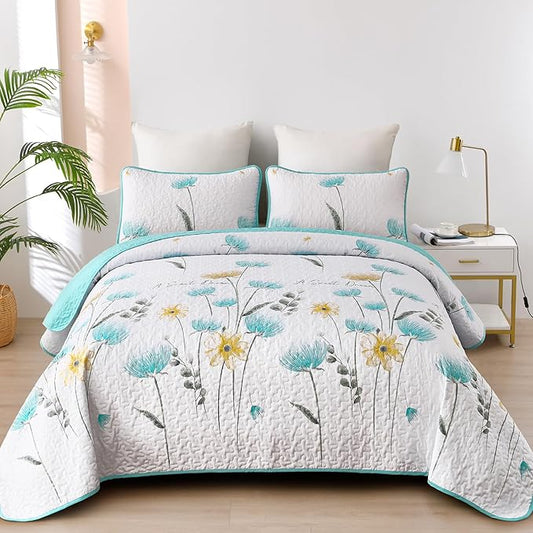 Dinjoy Quilt Set Full Size Aqua, Floral Bedspreads 3 Pieces Reversible Quilts Bedding Set Microfiber Lightweight Bedspread Coverlet Farmhouse Set for Women Girls 78"x90"