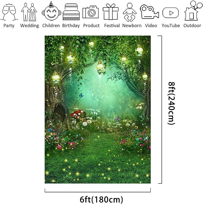 Riyidecor Enchanted Backdrop Polyester Fabric Wonderland Green Fairy Tale Butterfly Woodland Spring 6Wx8H Feet Dream Mushroom Photography Background Baby Shower Birthday Photo Studio Shoot