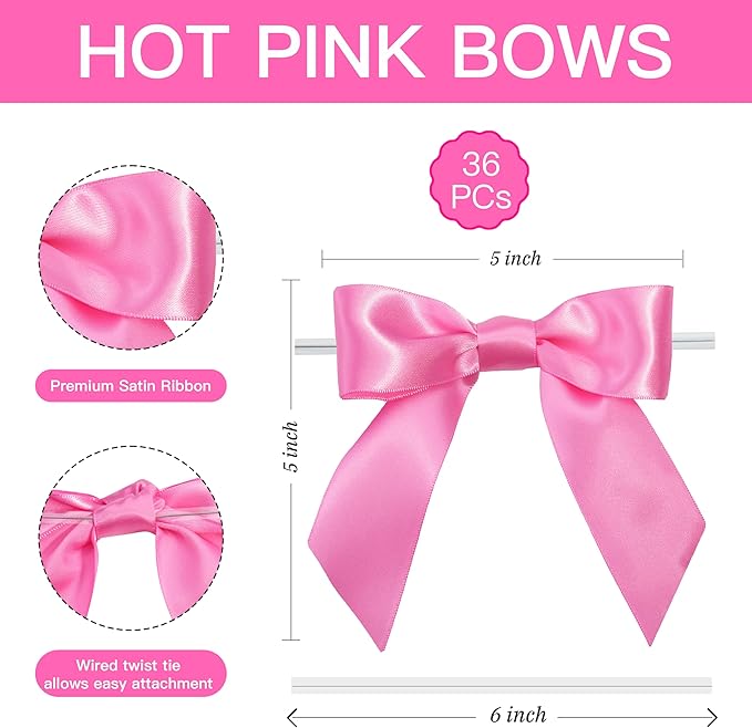 Pink Satin Ribbon Twist Tie Bows 5 Inch Pre-Tied Hot Pink Gift Bows for Crafts, Treat Bags, Party Favors, Wedding, Baby Shower, Candy Apple, Christmas Tree (36 Pack)