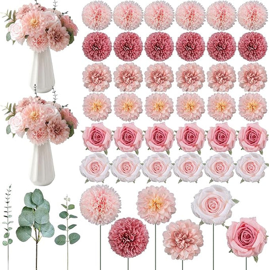 98 Pcs Assorted Faux Flowers Heads with Stem Eucalyptus Leaves Silk Artificial Flowers Bouquet Floral Table Centerpieces for DIY Wedding Party Wreath Home Decoration(Champagne,Stylish Style)
