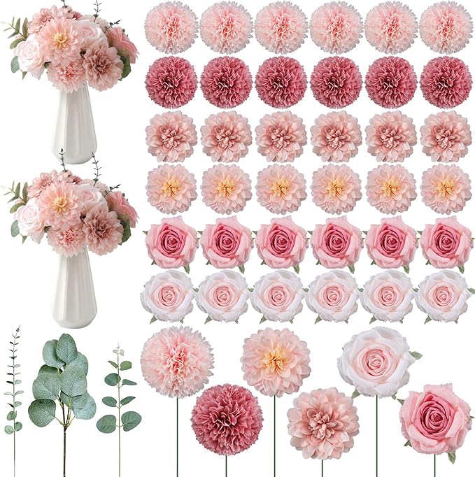 98 Pcs Assorted Faux Flowers Heads with Stem Eucalyptus Leaves Silk Artificial Flowers Bouquet Floral Table Centerpieces for DIY Wedding Party Wreath Home Decoration(Pink,Delicate Style)