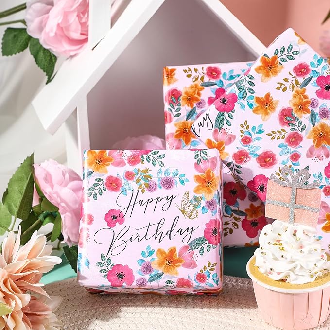 LeZakaa Happy Birthday Wrapping Paper Roll for Girls Women, Pink Floral & Butterfly, Birthday Party Gift Wrap for Girl, Women, Female, Mini Roll, 17 In x 32.8 Ft