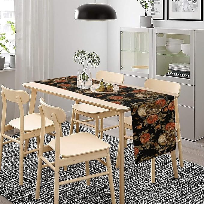 Gothic Table Runner,Vintage Skull Red Floral Pattern Table Runner for Home Kitchen Table Dining Garden Farmhouse Wedding Party Decor 13x90 Inch