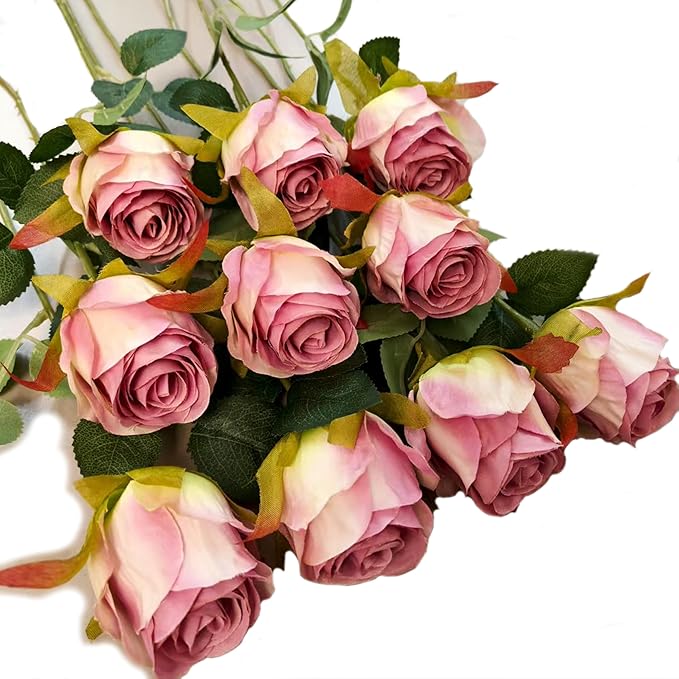 Artificial Roses 10 Pcs - Lifelike Single Stem Fake Roses with Natural Petal Texture,Fade-Resistant Silk Flowers for Wedding Decor,Home Vase Arrangements,Party Centerpieces(10, Pale Purple)