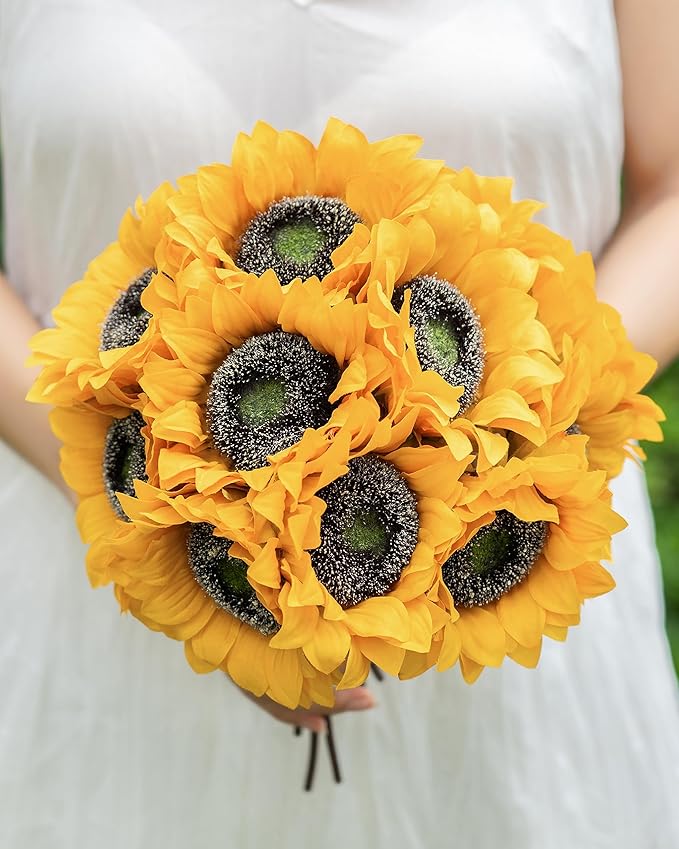 DuHouse 12pcs Artificial Sunflowers with Long Stems 5.5" Silk Sunflowers Bulk for Wedding Home Garden Outdoor Party Decoration(Yellow)