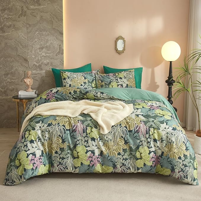 HighBuy Garden Leaves King Duvet Cover Cozy Cotton Vintage Tropical Green Bedding Sets Women Girls Chic Boho Comforter Cover Cottagecore Bedding Comforter Cover with 2 Pillowcases King Bedding