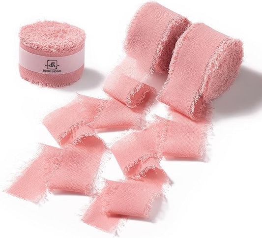 DORIS HOME Dusty Rose Chiffon Ribbon for Flower Bouquet, 1" x21Yd Fabric Ribbon for Gift Wrapping, Handmade Frayed Ribbon for Wedding Invitations/Christmas Decorations