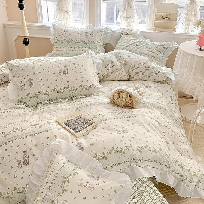 Ruffle Floral Comforter Girls Flower Comforter Set Queen Aesthetic Leaves Floral Bedding Comforter with Cute Rabbit Reversible Green Plaid Comforter Princess Bedding Botanical Comforter Set