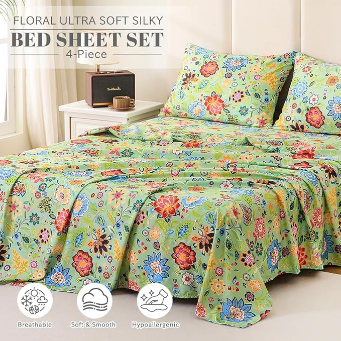 Bedlifes California King Sheet Set Ultra Soft, Breathable, Silky Flower Deep Pocket 100% Microfiber Bedding, 4 Piece Cal King Size with Floral Sage Green