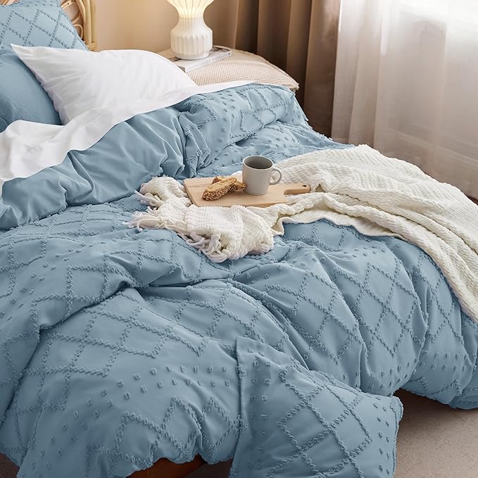 Bedsure Boho Duvet Cover King Size, Mineral Blue Breathable & Soft Boho Bedding, Machine Washable Comforter Cover for All Seasons, Includes 1 Duvet Cover 104"x90" with 2 Pillow Shams & Zipper Closure