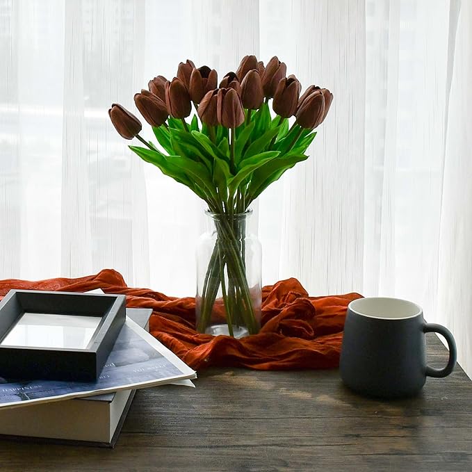 Mandy's Artificial Tulips 20 Stems Brown PU Faux Flowers for Thanksgiving and Christmas Decorations Wedding Home Decor 13.5 Inch
