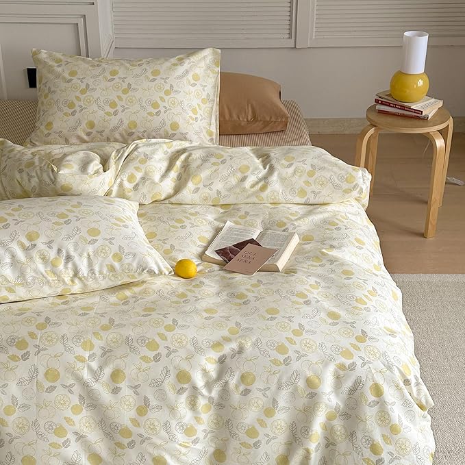 AOJIM Aesthetic Fruit Pattern Duvet Cover Set for Kids Adults, Super Soft 100% Cotton Comforter Cover Set 3pcs, 1 Yellow Lemon Quilt Cover King Size and 2 Matching Pillowcases for Room Decor, No Quilt