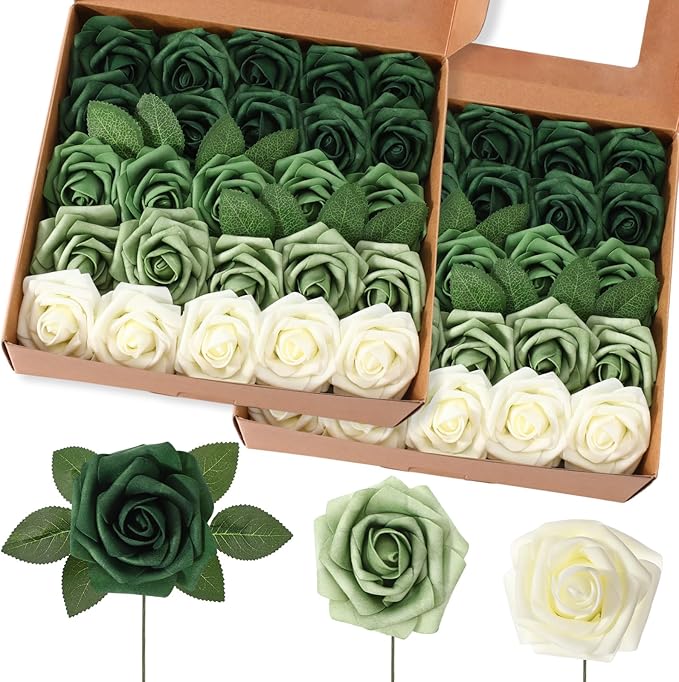 50 Pcs Artificial Foam Rose Flowers Faux Bouquet with Leaves and Stems for DIY Wedding Bouquets Centerpieces Bridal Shower Party Valentine Home Decorations (Gradient Green)