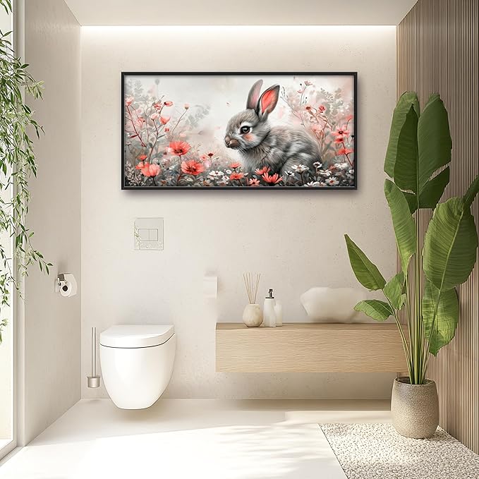 Framed Large Pictures Wall Art for Living Room, Rabbit Bunny Oversized Wall Decor Animal Floral Canvas Print Painting Modern Extra Large Framed Artwork for Bedroom Office 60"x30"