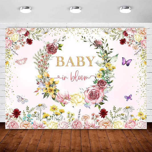 InMemory Baby in Bloom Backdrop Wildflower Baby Shower Decorations for Girl,Spring Wildflowers Baby in Bloom Baby Shower Banner Background Wild Floral Baby Girls Party Supplies Photobooth Props 8x6ft