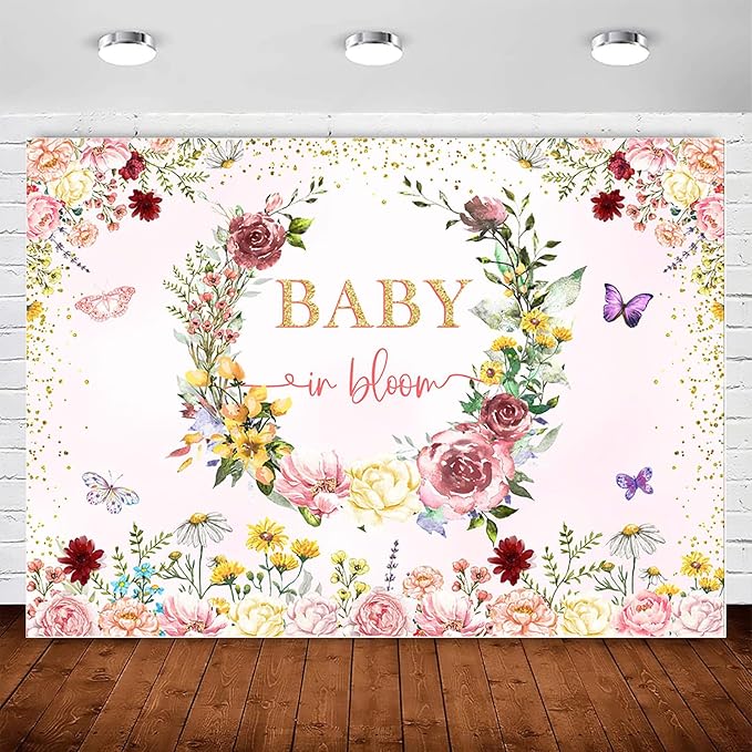 InMemory Baby in Bloom Backdrop Wildflower Baby Shower Decorations for Girl,Spring Wildflowers Baby in Bloom Baby Shower Banner Background Wild Floral BabyShower Party Supplies Photobooth Props 6x4ft