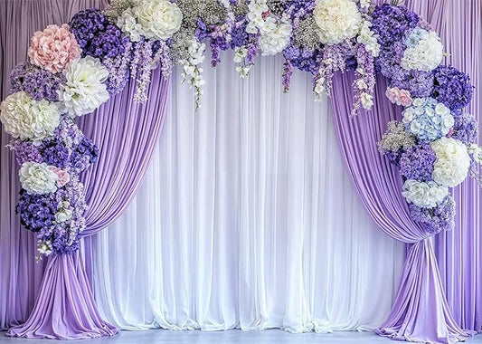 10x6ft Flower Photo Backdrop Floral Purple Photography Background White Curtain Spring Wedding Baby Shower Girl Princess Birthday Party Supplies Photo Studio Props