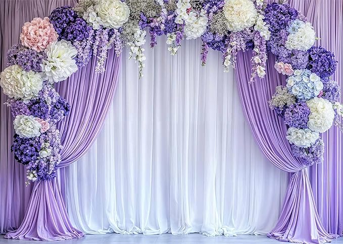 9 x 6 ft Flower Photo Backdrop Floral Purple Photography Background White Curtain Spring Wedding Baby Shower Girl Princess Birthday Party Supplies Photo Studio Props