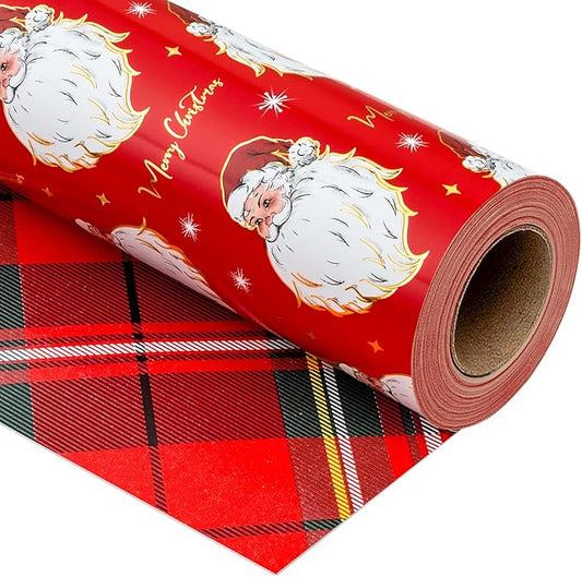 Yarcony Red Christmas Wrapping Paper Roll, Santa Wrapping Paper, Retro Classic Red Santa Claus, Stewart Tartan Plaid Christmas Gift Wrap Sheets for Winter Holiday, Festive Decor (17 Inch X 33 Feet)