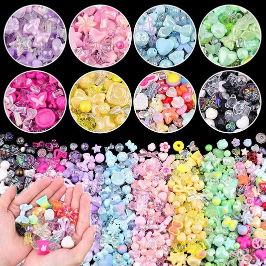 Assorted 500-550PCS 8 Mixed Colors Acrylic Beads for Bracelet Making, Flower Bow Butterfly GummyBear Aesthetic Bracelet Bead,Cute Beads for Jewelry Making DIY Necklace Keychain Phone Charm