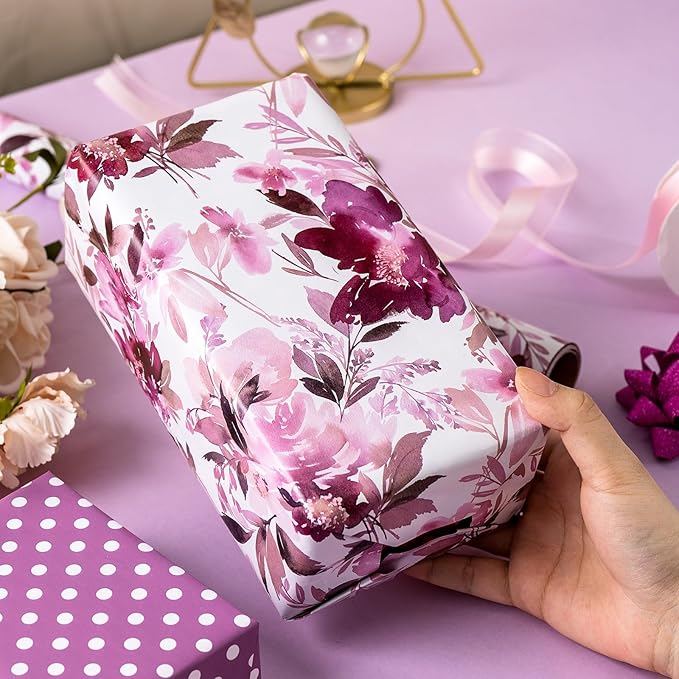 Burymento Purple flowers Wrapping Paper, Reversible Color Happy Birthday Gift Wrap for Birthday, Valentines, Mothers day, Graduation, Wedding, Fathers day, Baby Shower, Christmas (17in x 16.4ft)